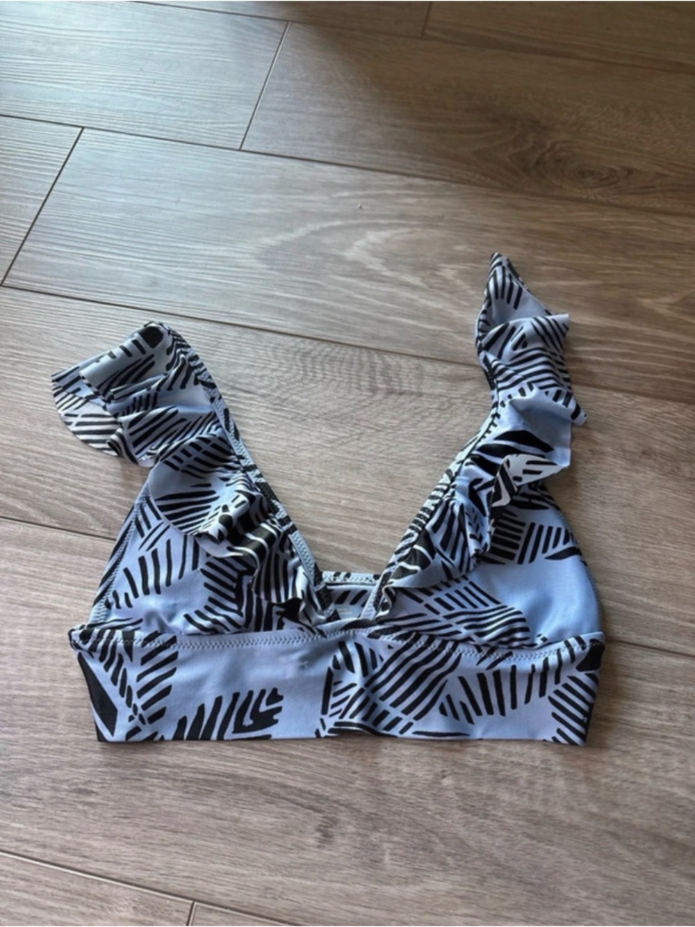 aerie Light Blue Bikini Top with Black Leaf Print and Ruffles